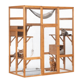 Outdoor Cat Enclosure, Large Wooden Cat Cage, Sun Roof, Perch, Sleeping Box, Pet Enclosure, Orange