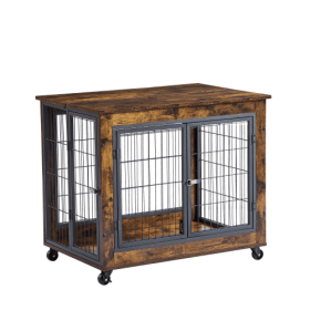 Furniture Style Dog Crate Side Table On Wheels With Double Doors And Lift Top. Rustic Brown, 31.50'' W X 22.05'' D X 25'' H.