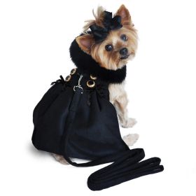 Black Wool Dog Coat Harness Fur Collar with Matching Leash (size: X-Large)