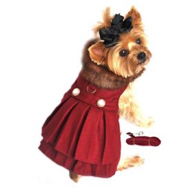 Wool Fur-Trimmed Dog Harness Coat by Doggie Design- Burgundy (size: large)